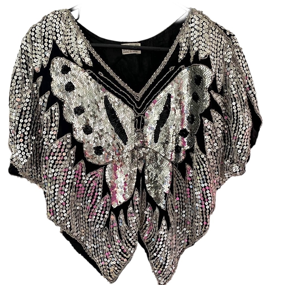 Vintage Sequin Butterfly Disco Top 100% Silk Size Small - Picture 7 of 12